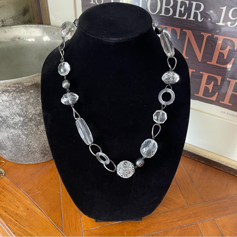 Beaded Chunky Necklace Artsy Clear Infinity Loop Pewter Molded Beads Whimsycore